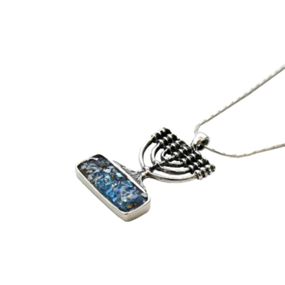 Roman Glass and Sterling Silver Menorah Necklace